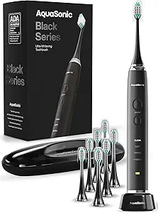 Aquasonic Black Series Ultra Whitening Toothbrush – ADA Accepted Electric Toothbrush- 8 Brush Heads &amp; Travel Case – 40,000 VPM Electric Motor &amp; Wireless Charging - 4 Modes w Smart Timer